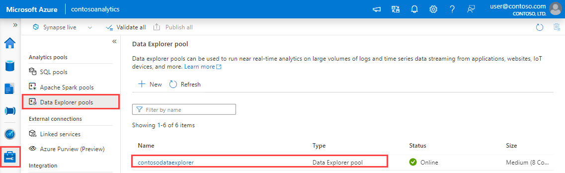 Screenshot of the Data Explorer pools screen, showing the list of existing pools.