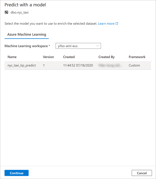 Screenshot that shows selecting the Azure Machine Learning model.