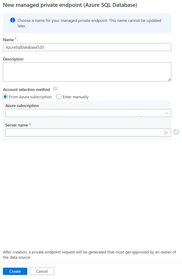 Screenshot of a new Azure SQL database linked service private endpoint 2.