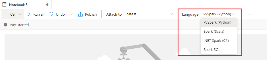 Screenshot of the dropdown list for selecting a language in a Synapse notebook.