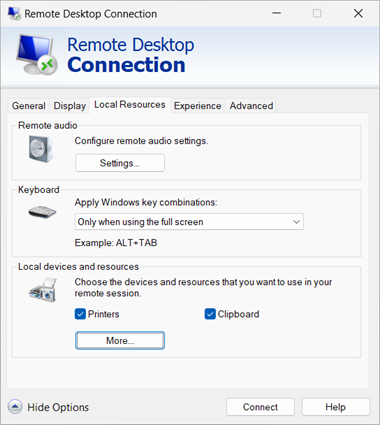 A screenshot showing the Local Resources tab of the Remote Desktop Connection app.