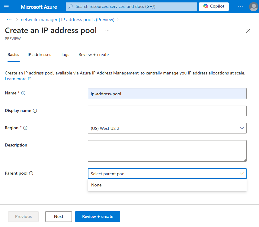 Screenshot of Create an ip address pool settings for a root pool.