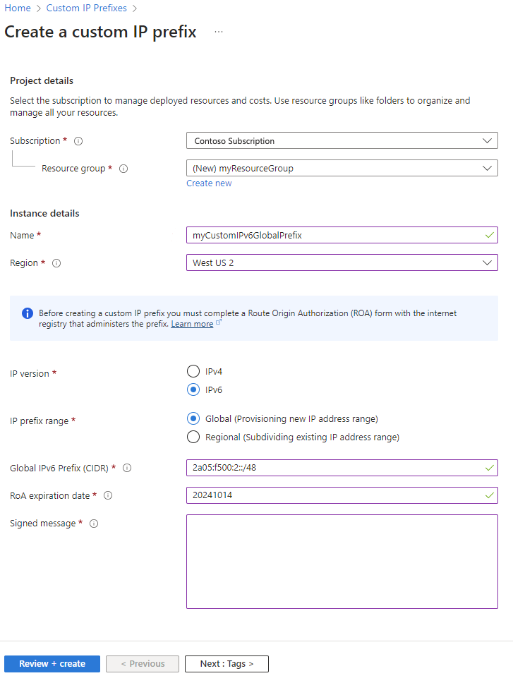 Screenshot of create custom IP prefix page in Azure portal.