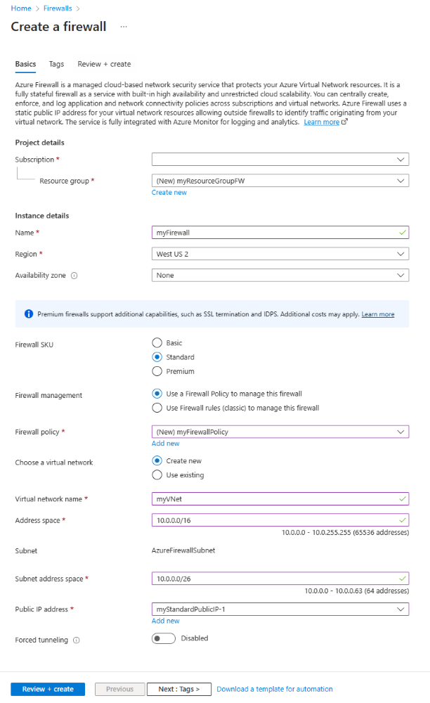 Screenshot that shows the Create firewall page with the example information.