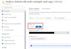 A screenshot showing how to enable managed identity for an Azure resource on the resource's Identity page.