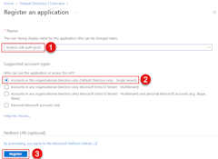 A screenshot showing how to fill out the Register an application page by giving the app a name and specifying supported account types as accounts in this organizational directory only.