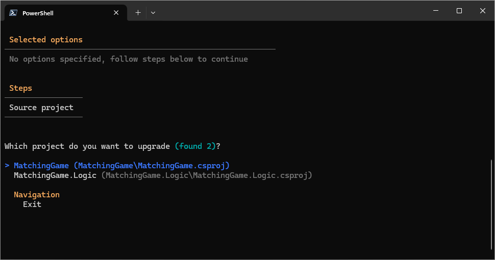 A terminal showing the initial screen of options for .NET Upgrade Assistant Global Tool. The question 'Which project do you want to upgrade' is being asked.