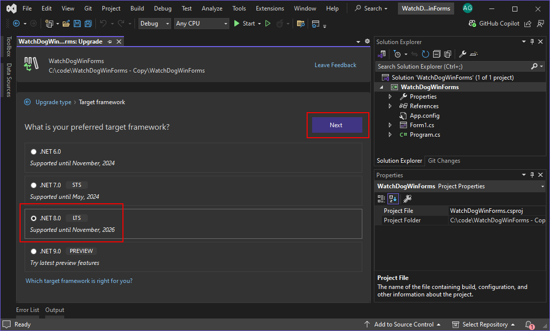 The .NET Upgrade Assistant wizard showing the 'What is your preferred target framework' selection. '.NET 8.0' is highlighted, as is the 'Next' button.