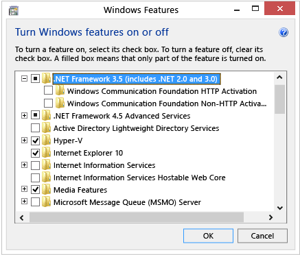 Screenshot of the Windows Features dialog box. .NET Framework 3.5 is selected.