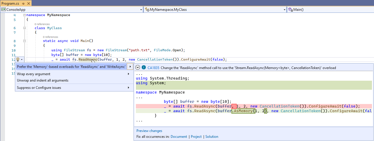 Code fix for CA1835 - Prefer the memory-based overloads of ReadAsync/WriteAsync methods in stream-based classes