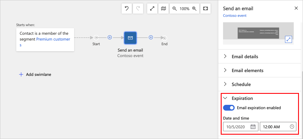 Journey email-tile expiration date and time.