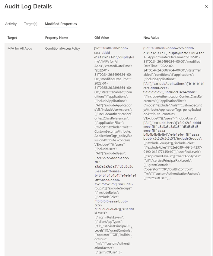 Screenshot that shows Audit log details for a change to a Conditional Access policy.