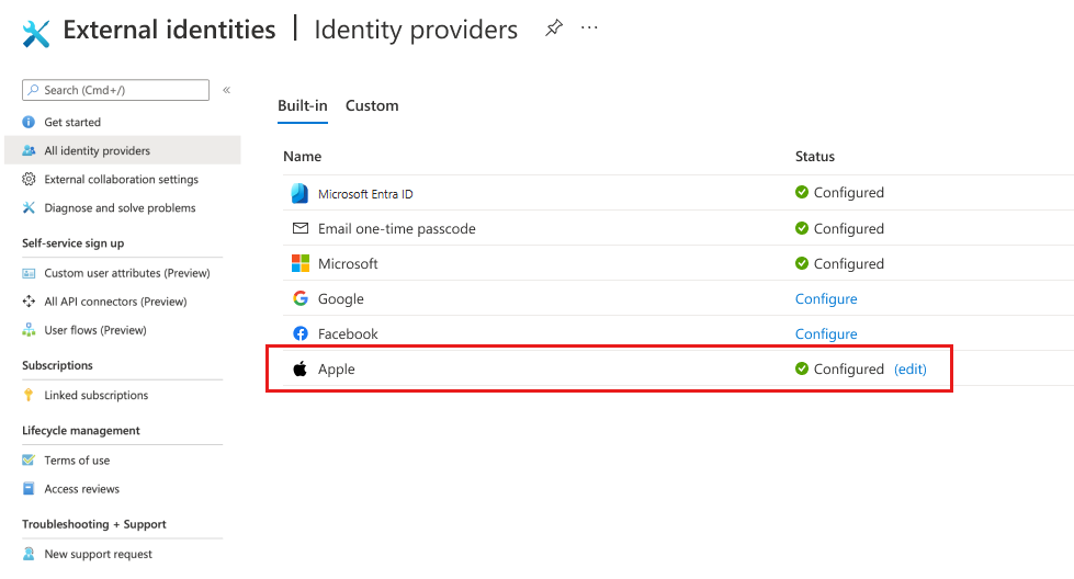 Screenshot that shows that Apple is added to the identity providers list.