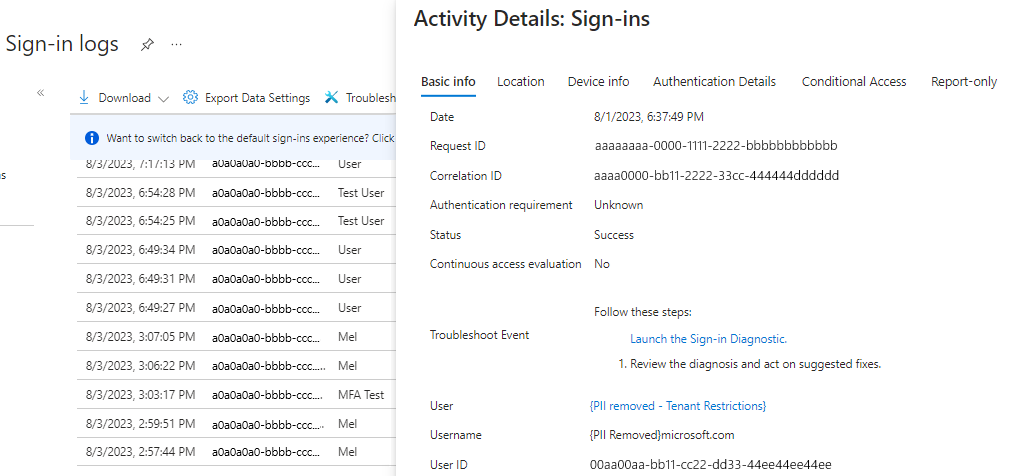 Screenshot showing activity details for a successful sign-in.