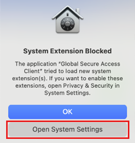 Screenshot of the System Extension Blocked dialog box with the Open System Settings highlighted.