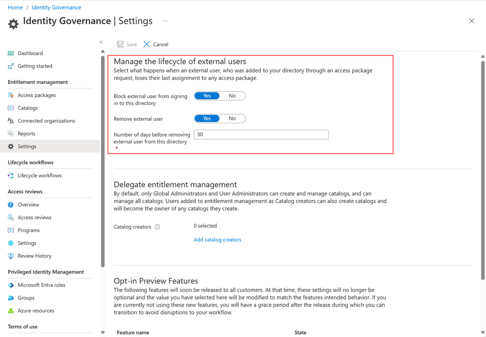 Settings to manage the lifecycle of external users