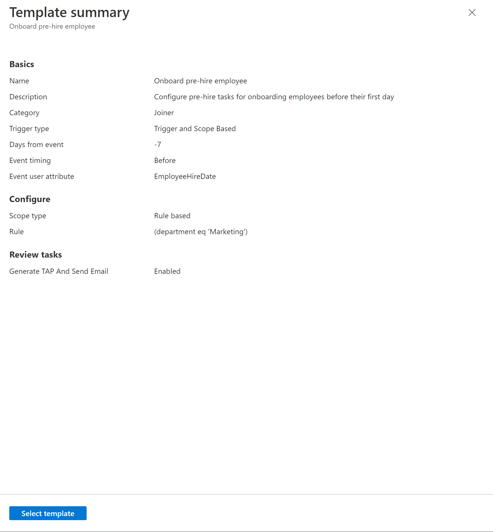 Screenshot of a Lifecycle Workflow onboard pre-hire template.