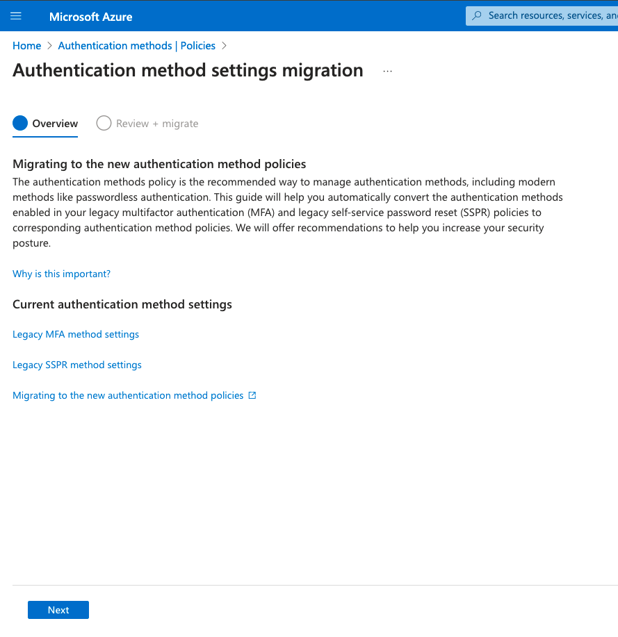 Screenshot of the Authentication methods policy blade with highlighted wizard first page.