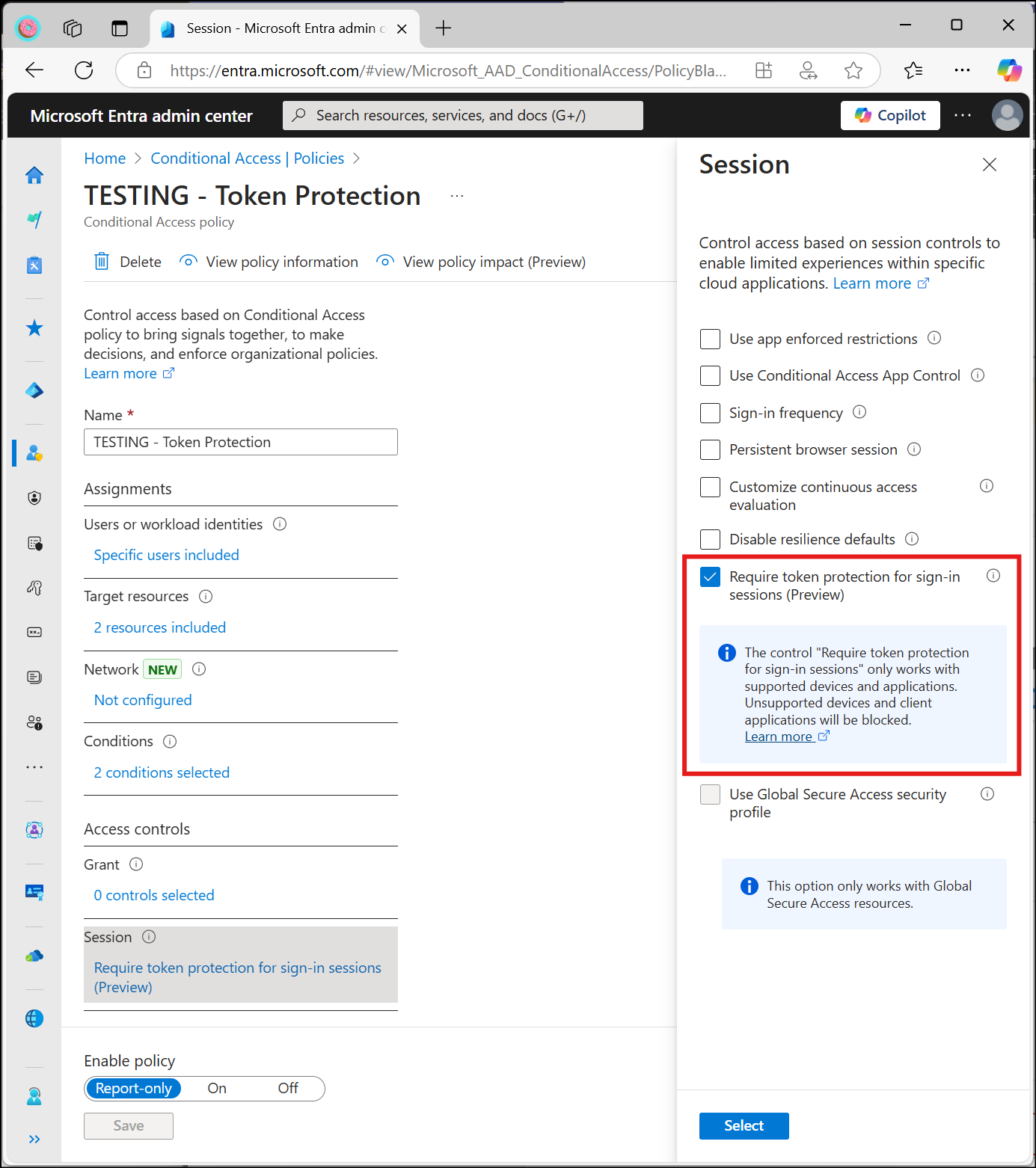 Screenshot showing a Conditional Access policy requiring token protection as the session control