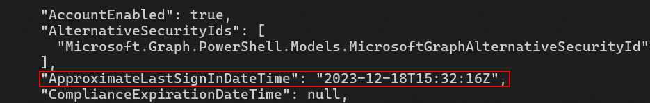 Screenshot showing command-line output. One line is highlighted and lists a time stamp for the ApproximateLastSignInDateTime value.