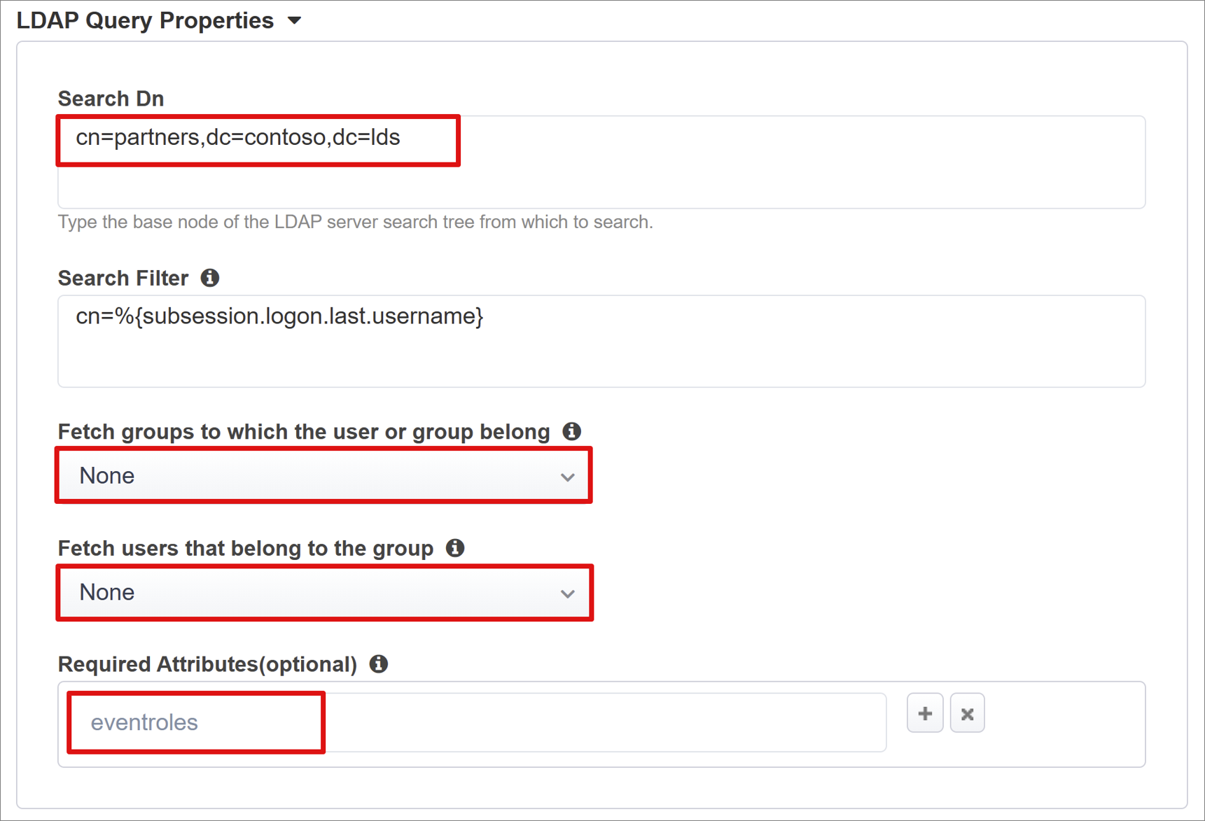 Screenshot of LDAP Query Properties entries.