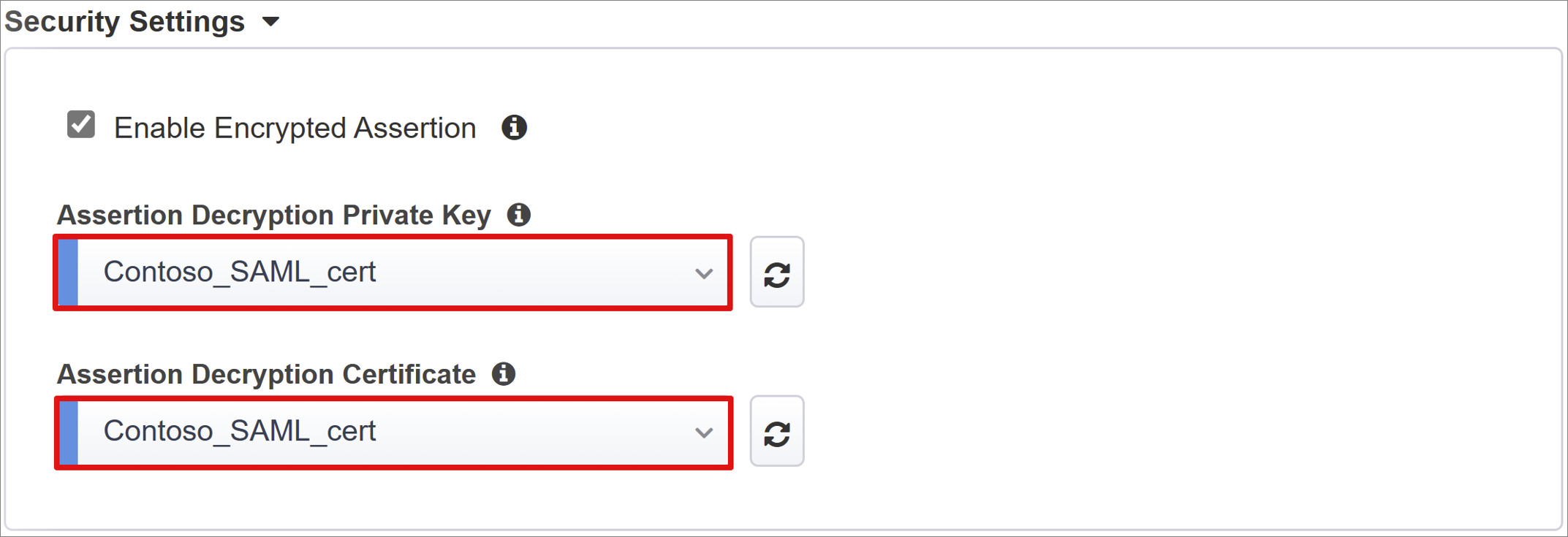 Screenshot of Assertion Decryption Private Key and Assertion Decryption Certificates entries.