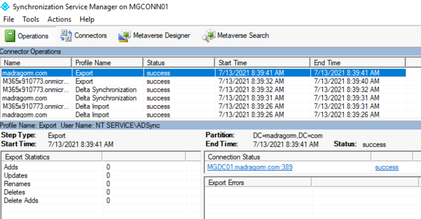 Screenshot shows Sync Service console on the Staging Microsoft Entra Connect dialog box.