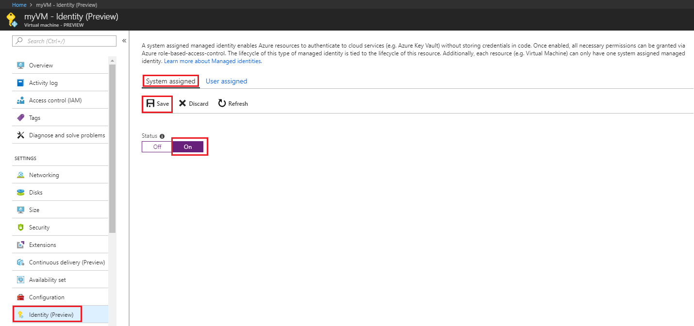 Screenshot that shows the Identity page with the System assigned status set to On.