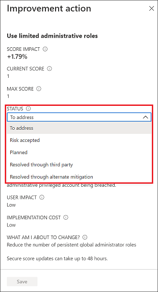 Screenshot of the improvement action panel.