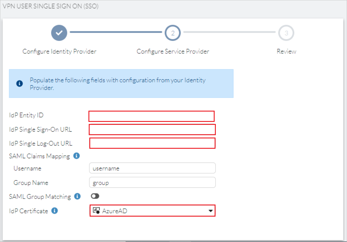 Screenshot that shows Service Provider configuration