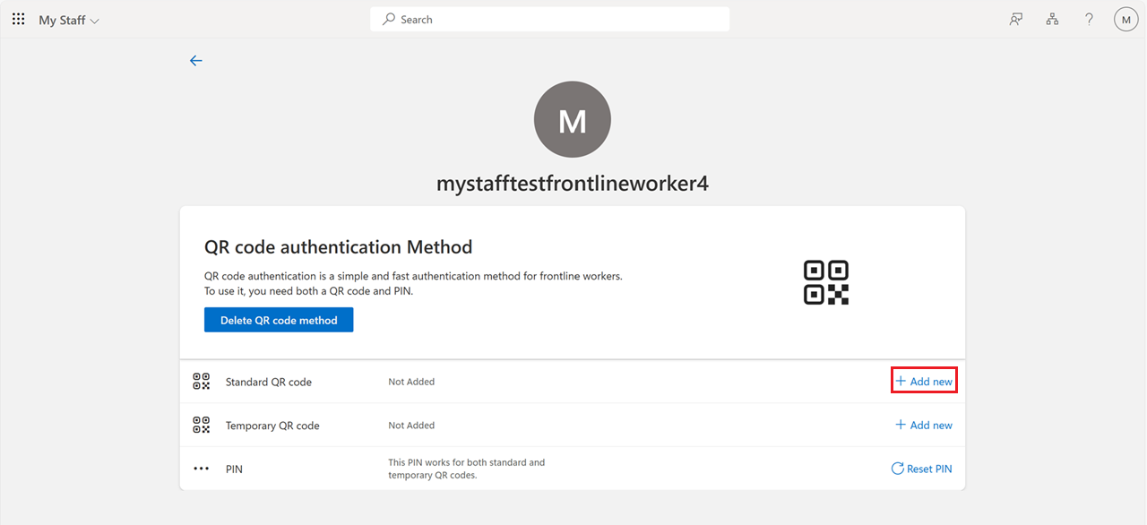 Screenshot that shows how to add a new QR code in My Staff.