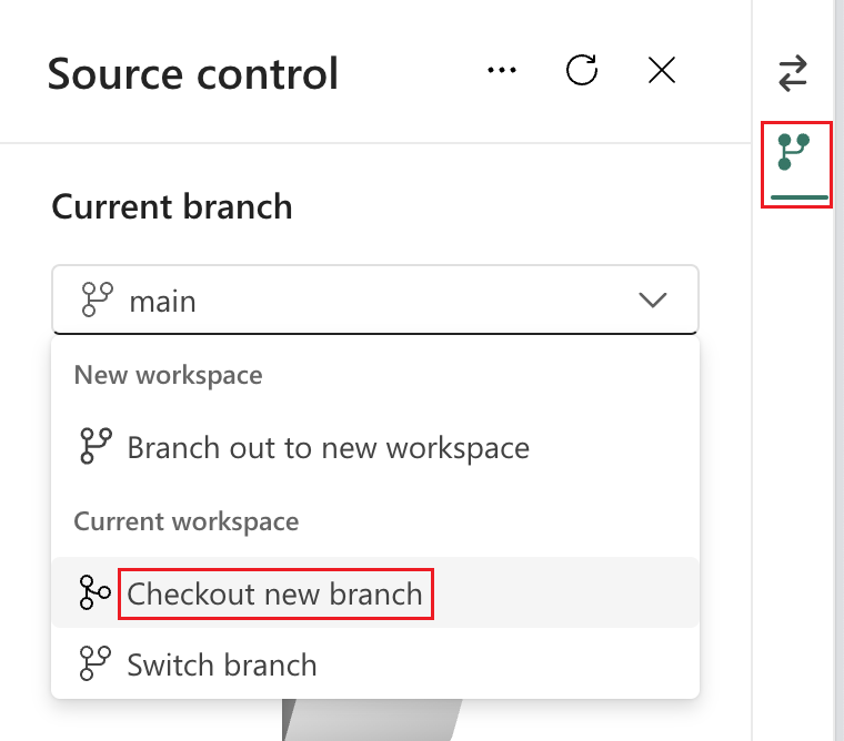 Screenshot showing how to check out a new branch from the source control panel by selecting the down arrow.