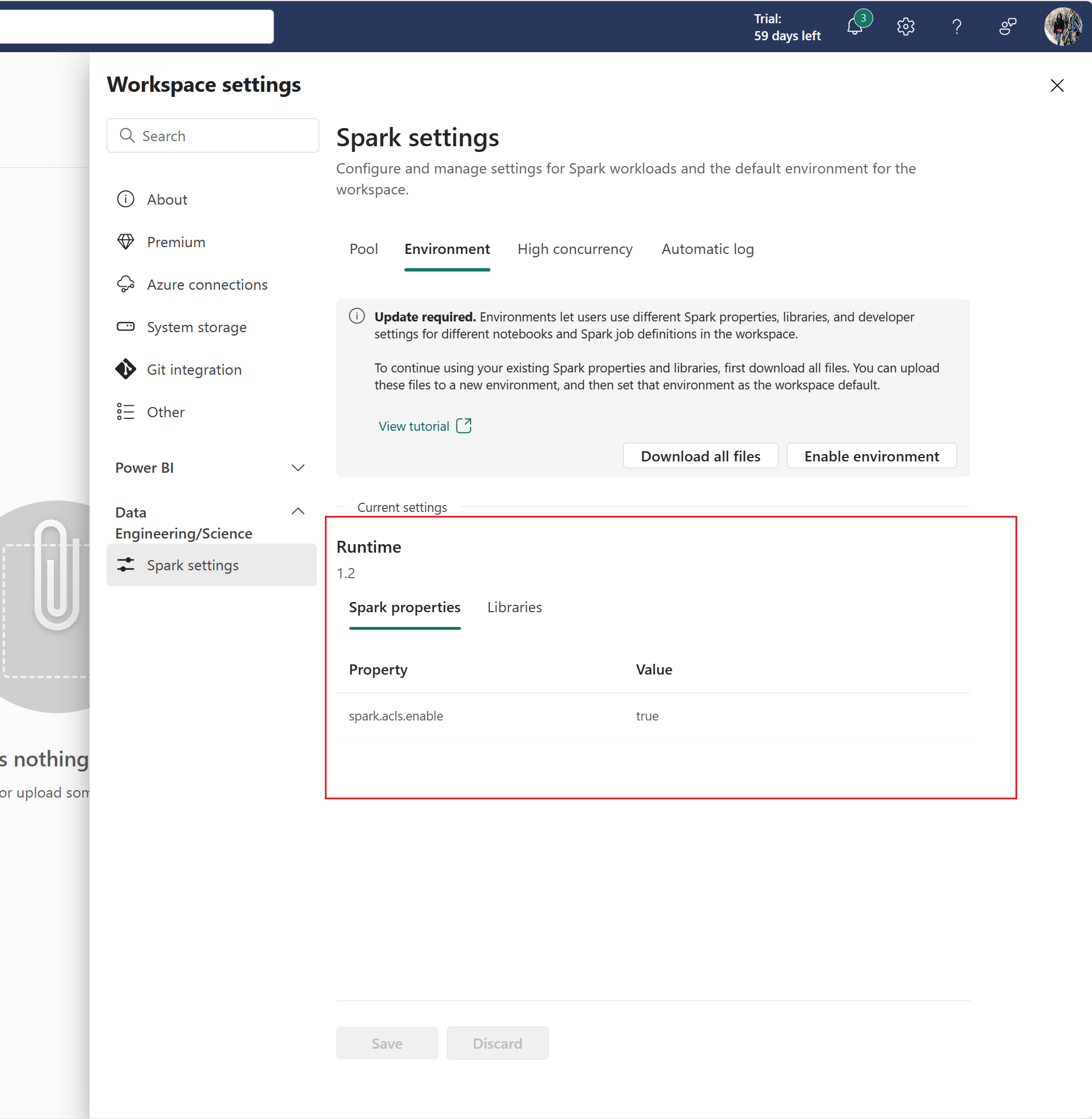 Screenshot showing where to find your configuration settings under Current settings in the Environment tab.