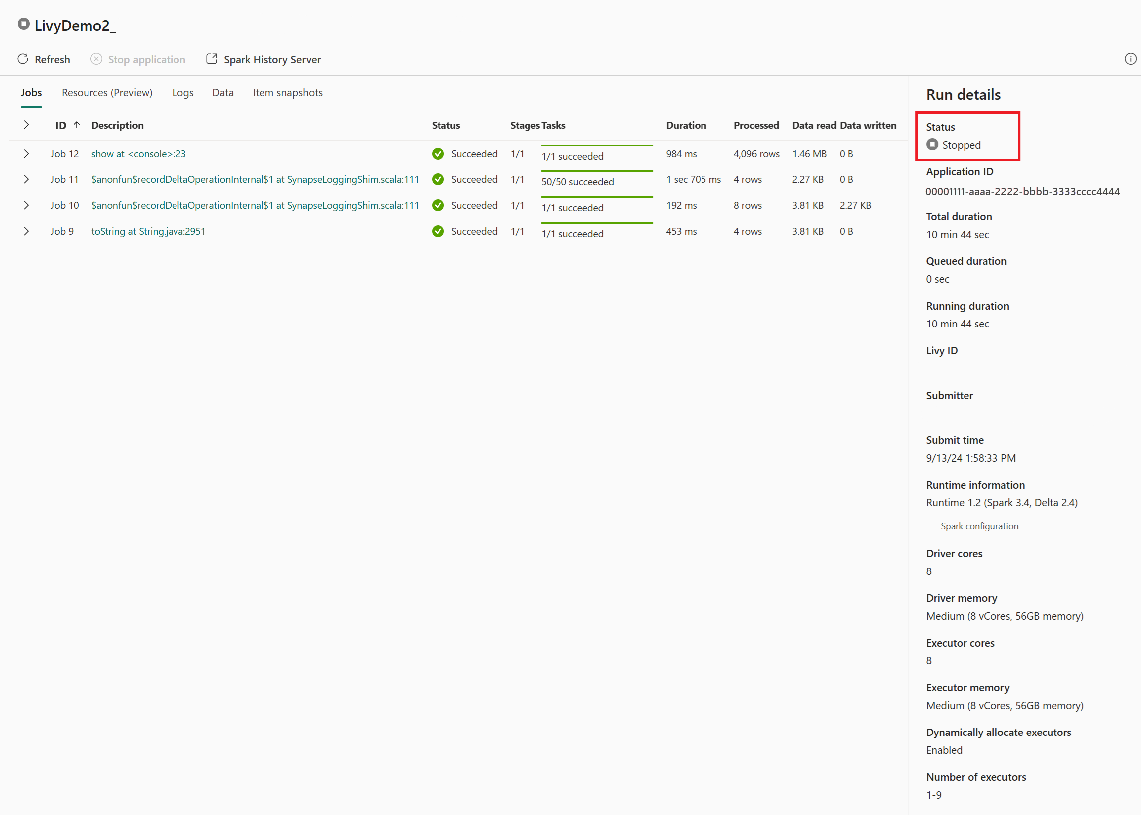 Screenshot showing most recent Livy API activity details in the Monitoring hub.