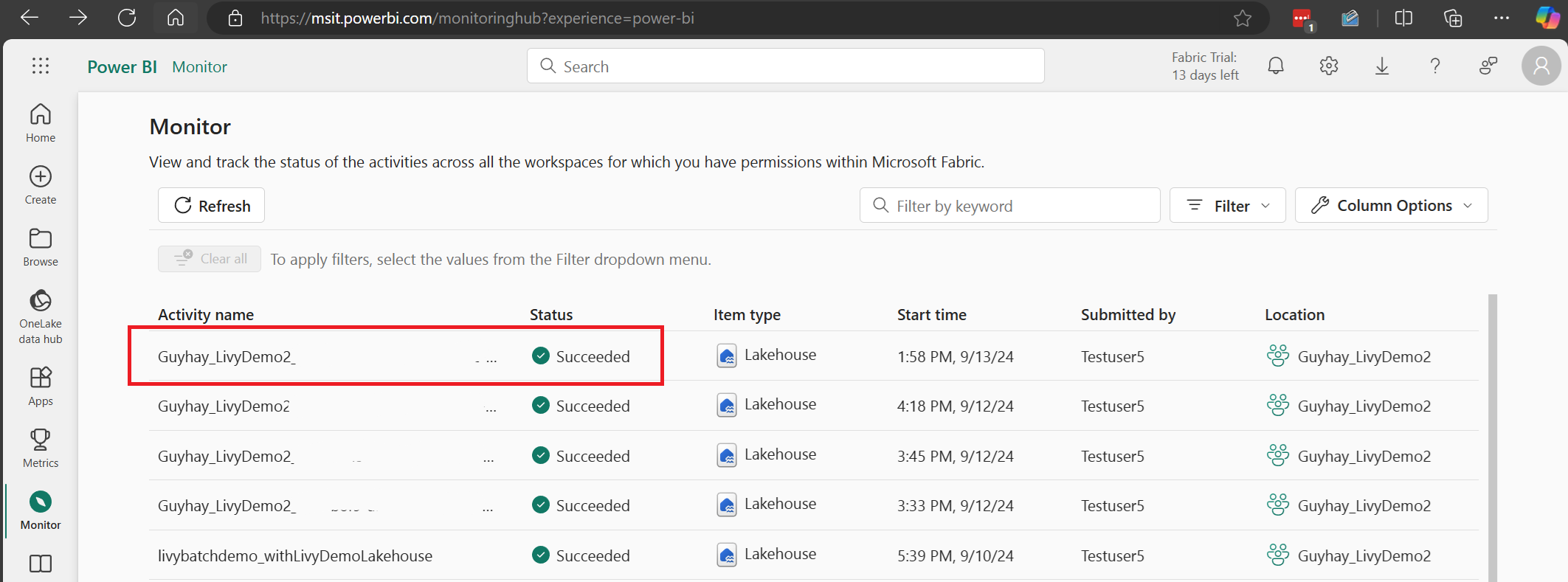 Screenshot showing most recent Livy API activity in the Monitoring hub.