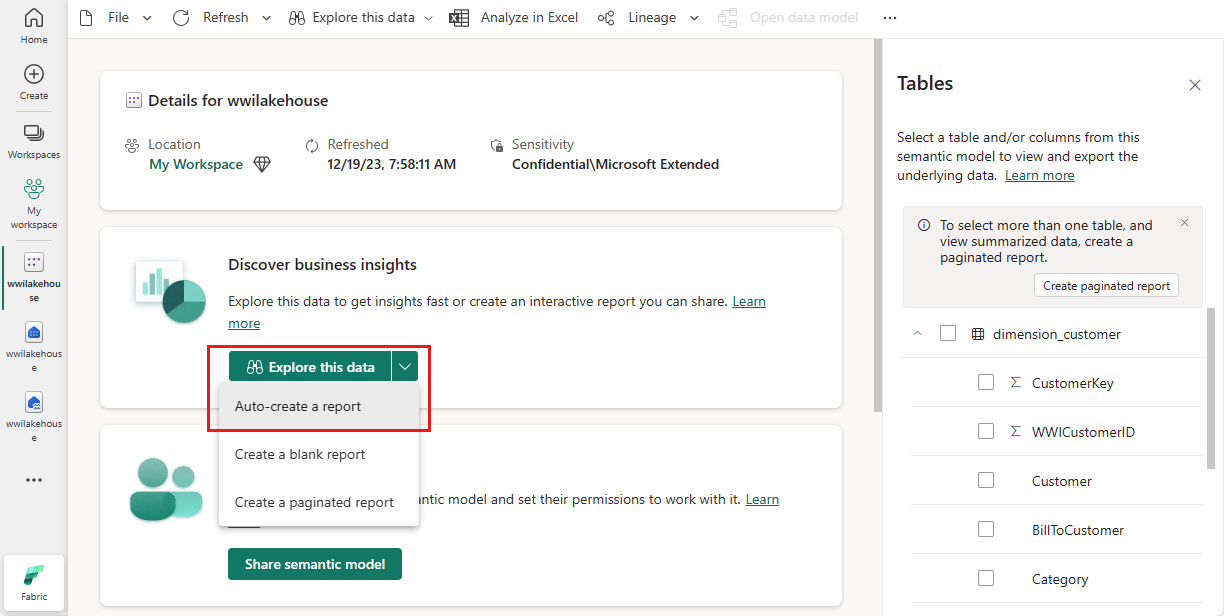 Screenshot of the semantic model details page, showing where to select Create a report.