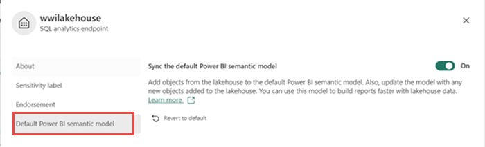 Screenshot showing how to turn on data sync to the default semantic model.