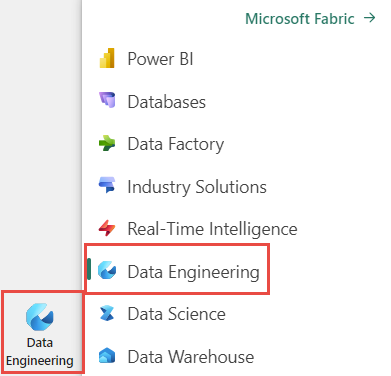 Screenshot showing where to select the switcher and Data Engineering.