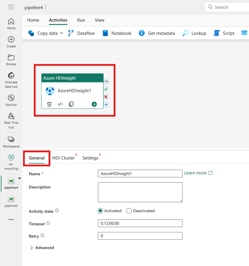 Screenshot showing the Azure HDInsight activity on the pipeline editor canvas.