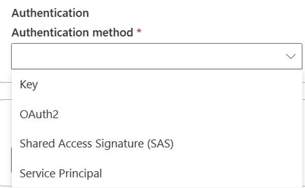 Screenshot showing the authentication method for Azure Data Lake Storage Gen2.