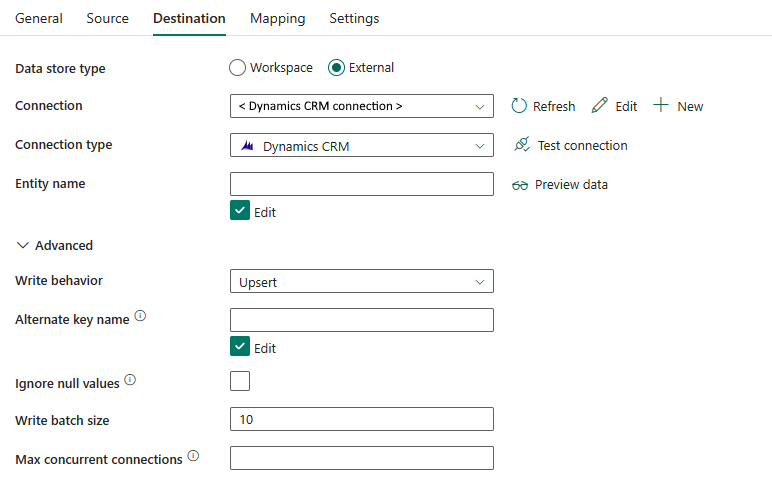 Screenshot showing destination tab and the list of properties.