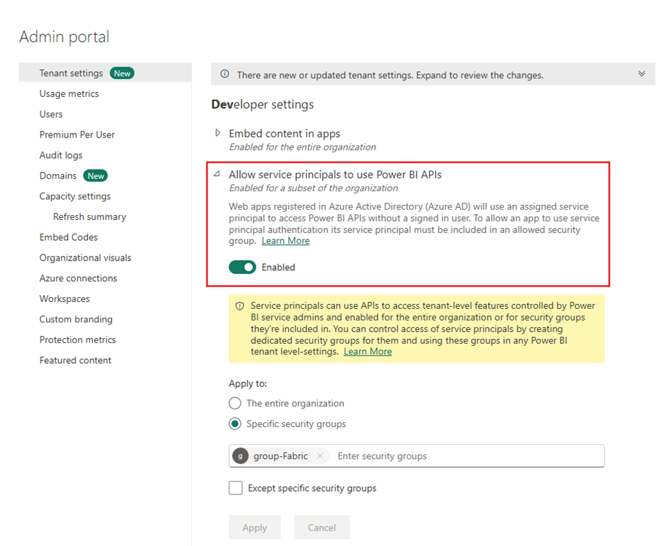 Screenshot showing the Power BI admin portal with the Allow service principals to user Power BI APIs option expanded and enabled.