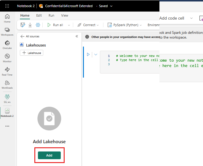 Screenshot of how to add a lakehouse to your notebook.