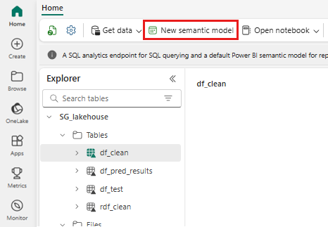 Screenshot of the lakehouse UI home, showing where to select the New semantic model option on the ribbon.