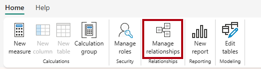 Screenshot of the model designer Home ribbon, highlighting the Manage relationships option.