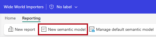 Screenshot of the Reporting ribbon, highlighting the New semantic model option.