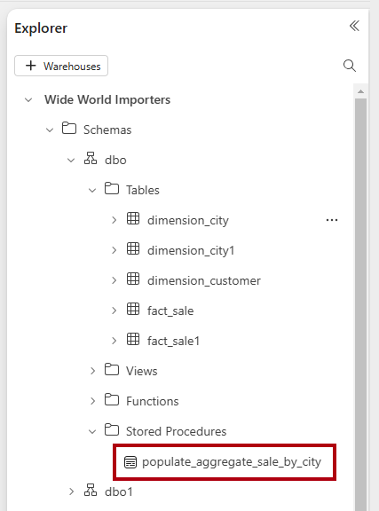 Screenshot of the Explorer pane, highlighting the newly created stored procedure.