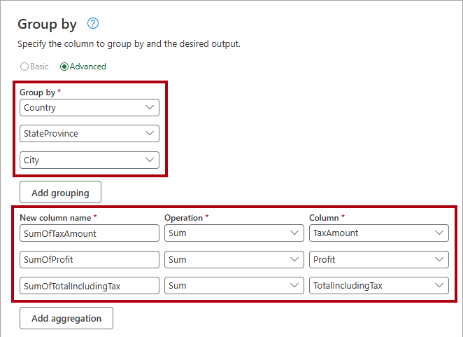 Screenshot of the Group by dialog, highlighting the settings.