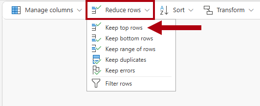 Screenshot of the Reduce rows dropdown, highlighting the Keep top rows option.