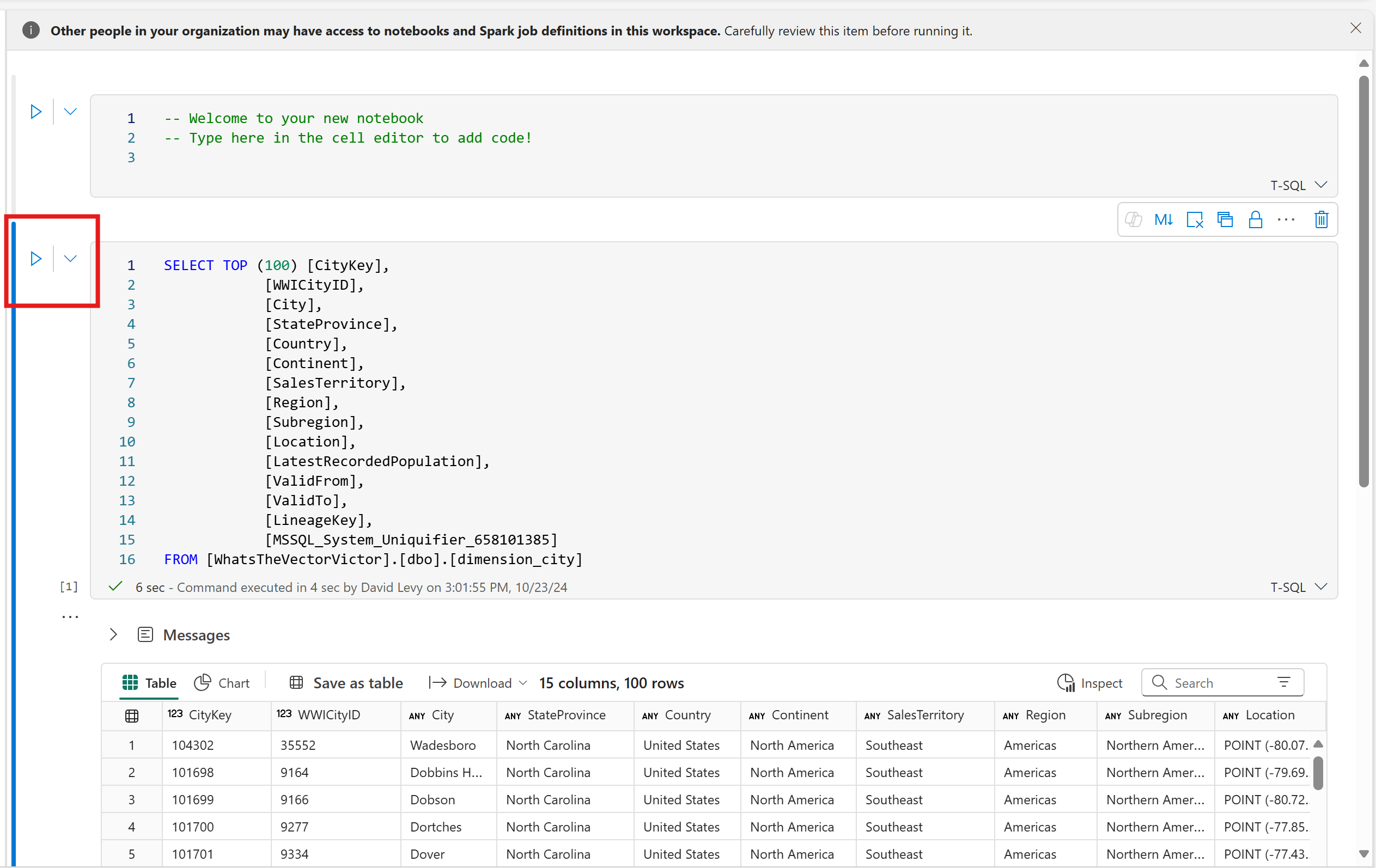 Screenshot of the Fabric portal notebook experience of querying a table.